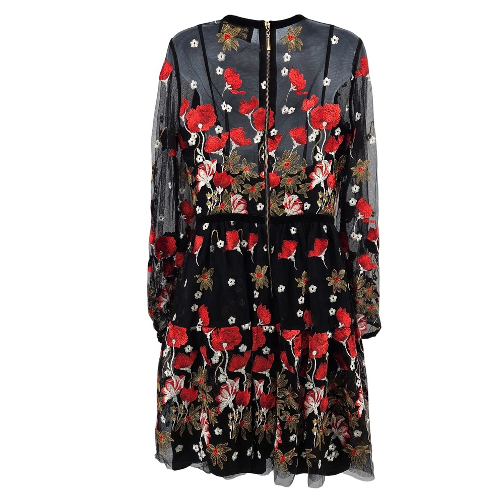 Bronx & Banco Mini Dress M Black Red Floral Embroidered Mesh Whimsigoth Cocktail - Picture 3 of 16